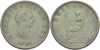 Великобритания 1/2 пенни 1806 Георг III (1760-1820) KM 662, Spink 3781 медь 1515-2211