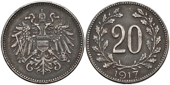 Австрия 20 геллеров 1917 Карл I KM 2826 железо 4584-247