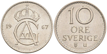 Швеция 10 эре 1967 U, Густав VI Адольф (1950-1973) KM 835 медно-никель UNC 4585-357