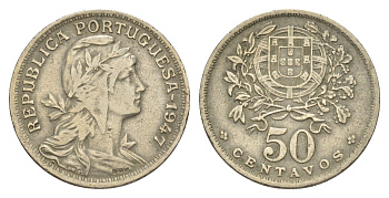 Португалия 50 сентаво 1947 голова Свободы вправо KM 577 никель латунь 4385-715