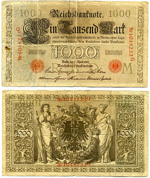 Германия 1000 марок 1910 21 апреля 1910, красная печать, номер семизначный, серия G, буква M, выпуск МАРТ 1922 Pick 44, Роземберг 45c бумага F 6280-2-1-2