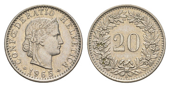 Швейцария 20 раппенов 1965 B KM 29a медно-никель 4625-1132