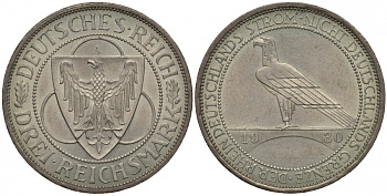 Германия 3 марки 1930 A, освобождение Рейнлянда J. 345, KM 70 серебро UNC 00-814-60