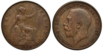 Великобритания 1 пенни 1920 Георг V (1910-1936) KM 810, Spink 4051 бронза 180-711