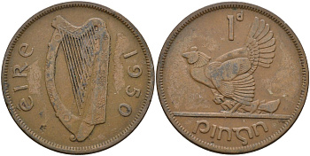 Ирландия 1 пенни 1950 курица с цыплятами KM 11 бронза 4137-722