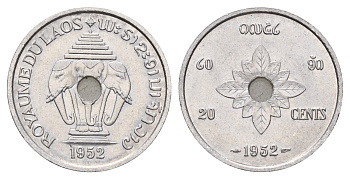 Лаос 20 сантимов 1952 год-тип KM 5 алюминий UNC 4678-322