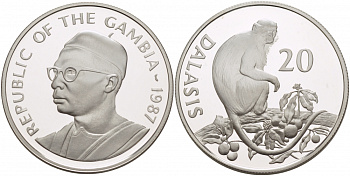 Гамбия 20 даласи 1987 серия защита окружающей среды, обезьяна, тираж 25000 экз. KM 24 серебро PROOF 1068-5-52