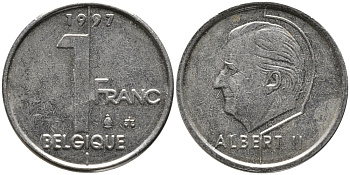 БЕЛЬГИЯ 1 ФРАНК 1997 BELGIQUE, АЛЬБЕРТ II (1993-) KM 187 железо плакированное никелем 99-1231