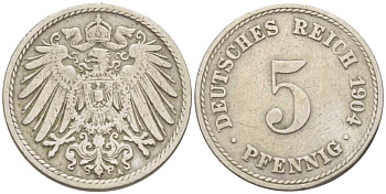 ГЕРМАНИЯ 5 ПФЕННИГОВ 1904 А KM 11, J. 12 медно-никель 206-1215