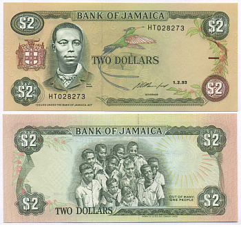 ЯМАЙКА 2 ДОЛЛАРА 1993 1 ФЕВРАЛЯ 1993, ПОЛЬ БОГЛЕ, ПОДПИСЬ 11, TDLR Pick 69e бумага UNC (ПРЕСС) 8588-81-1-1
