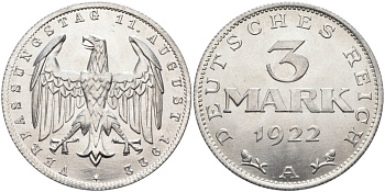 Германия 3 марки 1922 A, третья годовщина Веймарской Конституции KM 29, J.303 алюминий UNC 4587-131