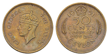 Цейлон 50 центов 1951 Георг VI (1936-1952), год-тип KM 123 никель латунь 4652-114