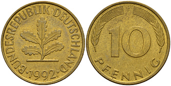 ФРГ 10 пфеннигов 1992 F J. 383, KM 108 сталь плакированная латунью    4603-642