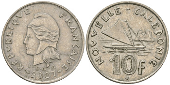 Французская Новая Каледония 10 франков 2007 рыбачья парусная лодка, (IEOM) KM 11a, Schoen 13a, Lec 99k медно-никель 56-1431