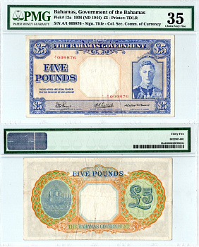 Багамский Острова (Багамы) 5 фунтов 1936 в холдере компании PMG, Choice Very Fine 35, Георг VI, парусник, узор Pick 12 a бумага 452-3-17