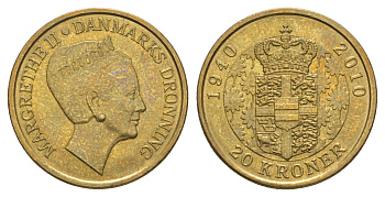 Дания 20 крон 2010 70 лет со дня рождения королевы Маргрете II KM 937 алюминиевая бронза UNC 4650-445
