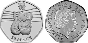 Великобритания 50 пенсов 2011 XXX летние Олимпийские игры в Лондоне в 2012 году, бокс, в оригинальном картонном буклете, с Олимпийской голограммой (7/29) KM 1175 медно-никель  UNC  3-6-6-10