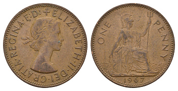 Великобритания 1 пенни 1967 Елизавета II (1952-2022) KM 897, Spink 4157 бронза 221-1033