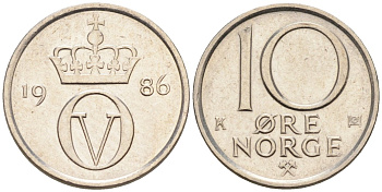 Норвегия 10 эре 1986 Улаф V (1958-1991) KM 416 медно-никель 4580-1019