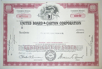 США, United Board & Carton Corporation 100 акций 1970 бумага 00-00