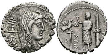 Римская Республика денарий 81 г. до н.э. монетарий А. Постум Альбин. персонификация Испании / фигура в тоге, стоящая между фасциями и аквилой GOOD VERY FINE 3,71 ГР Crawf. 372/2; Syd. 746 серебро 00-000-00