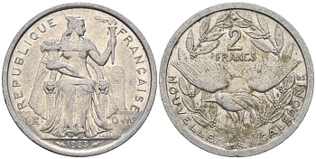 Французская Новая Каледония 2 франка 1983 птица кагу, (IEOM) KM 14, Schoen 11, Lec 63 алюминий    27-823