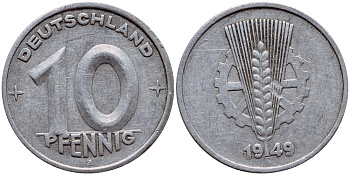 ГДР 10 ПФЕННИГОВ 1949 А KM 3 алюминий 1522-213