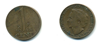 Нидерланды 1 цент 1948 Вильгельмина (1890-1948), год тип KM 175 бронза 54-569