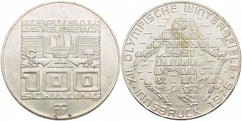 Австрия 100 шиллингов 1974 XII зимние Олимпийские игры в Инсбруке, лыжник KM 2928 серебро 443-325