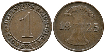 ГЕРМАНИЯ 1 РЕЙХСПФЕННИГ 1925 J KM 37, J. 313 бронза 4380-1135