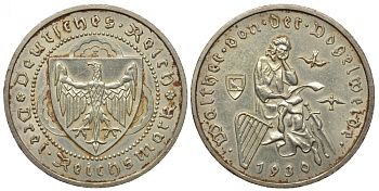 Германия 3 марки 1930 E, 700 лет со дня смерти Вальтера фон дер Фогельвейде J. 344, KM 69 серебро 00-804-50