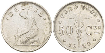 БЕЛЬГИЯ 50 САНТИМОВ 1928 BELGIE KM 88 никель 100-1051