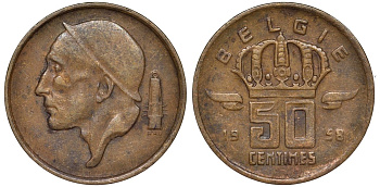 Бельгия 50 сантимов 1958 KM 149 бронза 4174-153