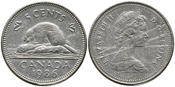 Канада 5 центов 1986 Елизавета II (1952-2022), бобер KM 60.2 a медно-никель 4543-657