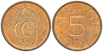 Швеция 5 эре 1983 Карл XVI Густав (1973- ) KM 849 бронза UNC 4618-246