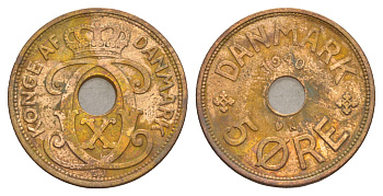 Дания 5 эре 1940 N, Кристиан X (1912-1947) KM 828 бронза 4638-633