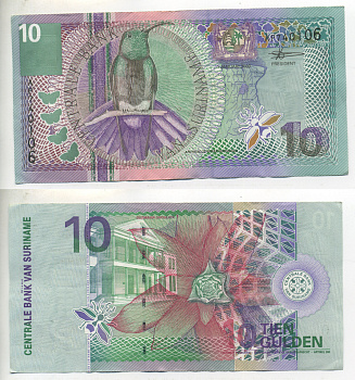 Суринам 10 гульденов 2000 колибри-манго, цветок Pick 147 бумага 7523-38-1