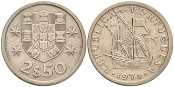 ПОРТУГАЛИЯ 2,5 ЭСКУДО 1974 ПАРУСНИК KM 590 медно-никель 75-1618