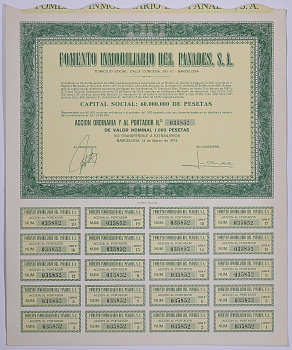 Испания акция на 1000 песет 1973 Fomento Inmobiliario del Panades, S.A., Барселона 1973, с купонами бумага 5544-17