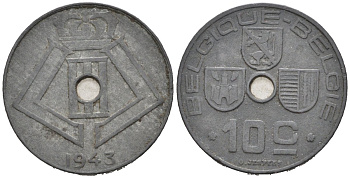 Бельгия 10 сантимов 1943 Belgique-Belgie, Леопольд III (1934-1947) KM 125 цинк 4577-954