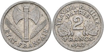 Франция 2 франка 1943 правительство Виши KM 904.1 алюминий    4601-916