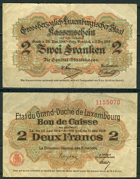 Люксембург 2 франка 1918 Pick 28 (2) бумага 451-1222-3