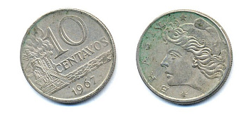 БРАЗИЛИЯ 10 СЕНТАВО 1967 KM 578.1 медно-никель 51-5136