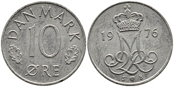 Дания 10 эре 1976 S; B, Маргрете II (1972- ) KM 860.1 медно-никель 4392-423