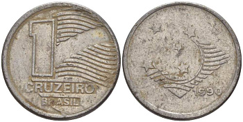 Бразилия 1 крузейро 1990 KM 617 нержавеющая сталь 201-825