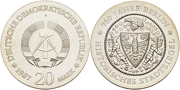 ГДР 20 марок 1987 A, 750 лет Берлину, герб города KM 119.1, J. 1617 серебро UNC 00-821-32