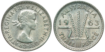 Австралия 3 пенса 1963 m, Елизавета II (1952-2022) KM 57 серебро 71-921