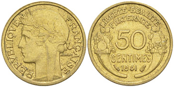 ФРАНЦИЯ 50 САНТИМОВ 1941 ТИП MORLON KM 894.1, LE FRANC 192.18 алюминиевая бронза 44-566