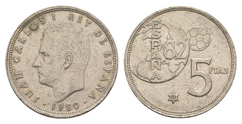 Испания 5 песет 1980 (81) Хуан Карлос , чемпионат мира по футболу, Испания 1982 KM 817 медно-никель 4619-1241