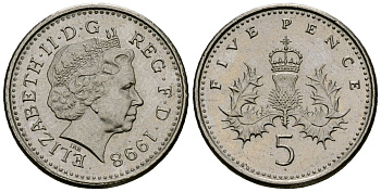 Великобритания 5 пенсов 1998 Елизавета II (1952-2022) KM 988, Spink 4670 (D5)  медно-никель 4173-761